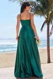 Dark Green A-Line Spaghetti Straps Satin Ruched Long Bridesmaid Dress