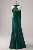 Dark Green Halter Satin Mermaid Watteau Train Bridesmaid Dress