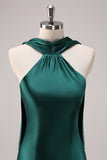 Dark Green Halter Satin Mermaid Watteau Train Bridesmaid Dress