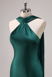 Dark Green Halter Satin Mermaid Watteau Train Bridesmaid Dress