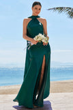 Dark Green Halter Satin Mermaid Watteau Train Bridesmaid Dress