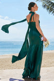 Dark Green Halter Satin Mermaid Watteau Train Bridesmaid Dress