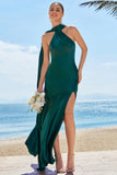 Dark Green Halter Mermaid Watteau Train Bridesmaid Dress with Slit