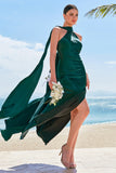 Dark Green Halter Mermaid Watteau Train Bridesmaid Dress with Slit