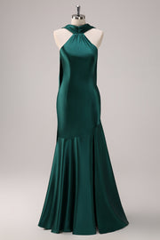 Dark Green Halter Satin Mermaid Watteau Train Bridesmaid Dress