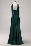 Dark Green Halter Satin Mermaid Watteau Train Bridesmaid Dress