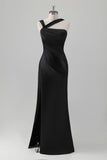 Black One Shoulder Satin Mermaid Bridesmaid Dress with Slit