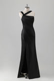 Black One Shoulder Satin Mermaid Bridesmaid Dress with Slit