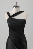 Black One Shoulder Satin Mermaid Bridesmaid Dress with Slit