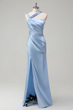 Sky Blue One Shoulder Pleated Mermaid Bridesamid Dress with Slit