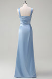 Sky Blue One Shoulder Pleated Mermaid Bridesamid Dress with Slit