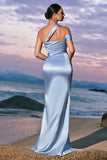 Sky Blue One Shoulder Pleated Mermaid Bridesamid Dress with Slit