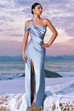 Sky Blue One Shoulder Pleated Mermaid Bridesamid Dress with Slit