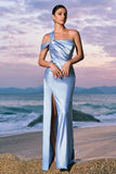 Sky Blue One Shoulder Pleated Mermaid Bridesamid Dress with Slit