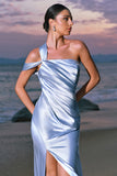 Sky Blue One Shoulder Pleated Mermaid Bridesamid Dress with Slit