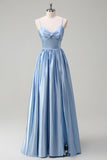 Elegant Sky Blue A-Line Front Twist Satin Bridesamid Dress with Slit