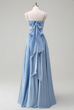 Elegant Sky Blue A-Line Front Twist Satin Bridesamid Dress with Slit