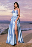 Elegant Sky Blue A-Line Front Twist Satin Bridesamid Dress with Slit