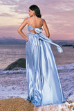 Elegant Sky Blue A-Line Front Twist Satin Bridesamid Dress with Slit