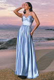 Elegant Sky Blue A-Line Front Twist Satin Bridesamid Dress with Slit