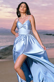 Elegant Sky Blue A-Line Front Twist Satin Bridesamid Dress with Slit