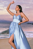 Elegant Sky Blue A-Line Front Twist Satin Bridesamid Dress with Slit