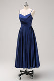 Navy A-Line Ruched Spaghetti Straps Tea Length Bridesmaid Dress