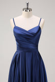 Navy A-Line Ruched Spaghetti Straps Tea Length Bridesmaid Dress