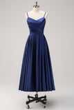 Navy A-Line Ruched Spaghetti Straps Tea Length Bridesmaid Dress