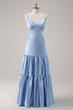 Sky Blue Spaghetti Straps Tiered Satin A-Line Bridesmaid Dress