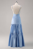 Sky Blue Spaghetti Straps Tiered Satin A-Line Bridesmaid Dress