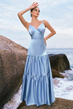 Sky Blue A-Line Spaghetti Straps Satin Long Bridesmaid Dress