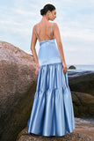 Sky Blue Spaghetti Straps Tiered Satin A-Line Bridesmaid Dress