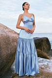 Sky Blue Spaghetti Straps Tiered Satin A-Line Bridesmaid Dress