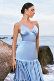 Sky Blue Spaghetti Straps Tiered Satin A-Line Bridesmaid Dress