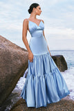 Sky Blue Spaghetti Straps Tiered Satin A-Line Bridesmaid Dress