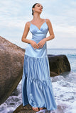 Sky Blue Spaghetti Straps Tiered Satin A-Line Bridesmaid Dress