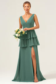 Eucalyptus V Neck Tiered Chiffon Bridesmaid Dress with Slit