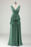 Eucalyptus V Neck Tiered A-Line Bridesmaid Dress with Slit