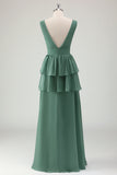 Eucalyptus V Neck Tiered A-Line Bridesmaid Dress with Slit