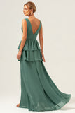 Eucalyptus V Neck Tiered A-Line Bridesmaid Dress with Slit