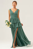 Eucalyptus V Neck Tiered Chiffon Bridesmaid Dress with Slit