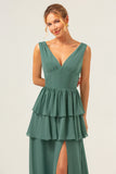 Eucalyptus V Neck Tiered Chiffon Bridesmaid Dress with Slit