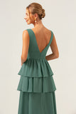 Eucalyptus V Neck Tiered Chiffon Bridesmaid Dress with Slit