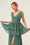 Eucalyptus V Neck Tiered Chiffon Bridesmaid Dress with Slit