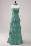 Eucalyptus Ruffled A-Line Chiffon Bridesmaid Dress with Ribbon