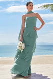 Eucalyptus Ruffled A-Line Chiffon Bridesmaid Dress with Ribbon