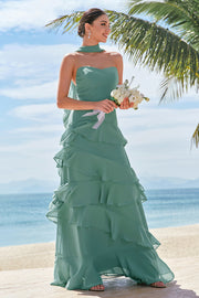 Eucalyptus Ruffled A-Line Chiffon Bridesmaid Dress with Ribbon