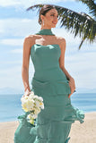 Eucalyptus Ruffled A-Line Chiffon Bridesmaid Dress with Ribbon