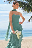 Eucalyptus Ruffled A-Line Chiffon Bridesmaid Dress with Ribbon